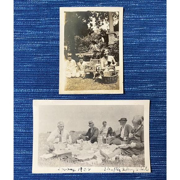 Vtg Family Picnic Photo Pair B/W Snapshot Basket 1938 Shafter CA Flower Fields - Picture 1 of 1